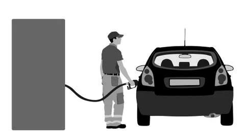 Worker on gas station fill the machine with fuel vector Illustration