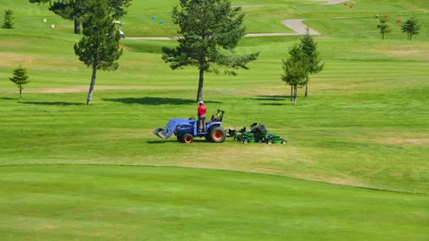 A worker gets into a lawn mower and cuts the grass on a golf course. Stock Footage 262243222
