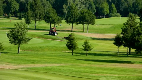 A worker gets into a lawn mower and cuts the grass on a golf course. Stock Footage 263421488
