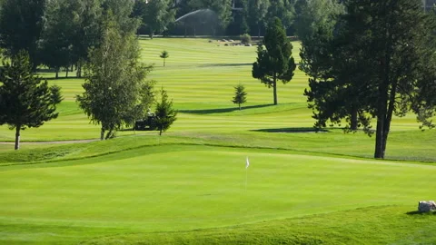 A worker gets into a lawn mower and cuts the grass on a golf course. Stock Footage 263422981