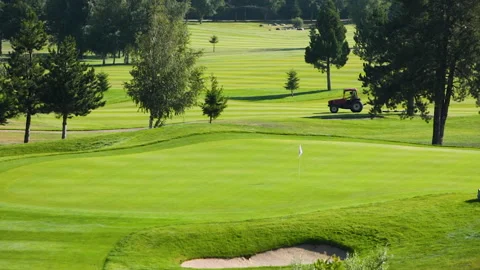 A worker gets into a lawn mower and cuts the grass on a golf course. Stock Footage 263423511