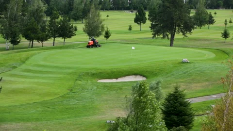 A worker gets into a lawn mower and cuts the grass on a golf course. Stock Footage 263921427