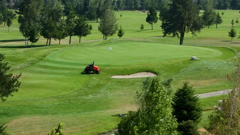 A worker gets into a lawn mower and cuts the grass on a golf course. Stock Footage 264785760