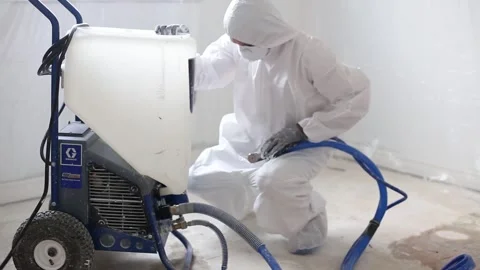 Worker getting spray machine ready for texture ceiling job Stock Footage 249852712