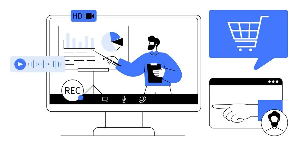 Worker giving a presentation on a screen while various digital tools are visi イラスト素材