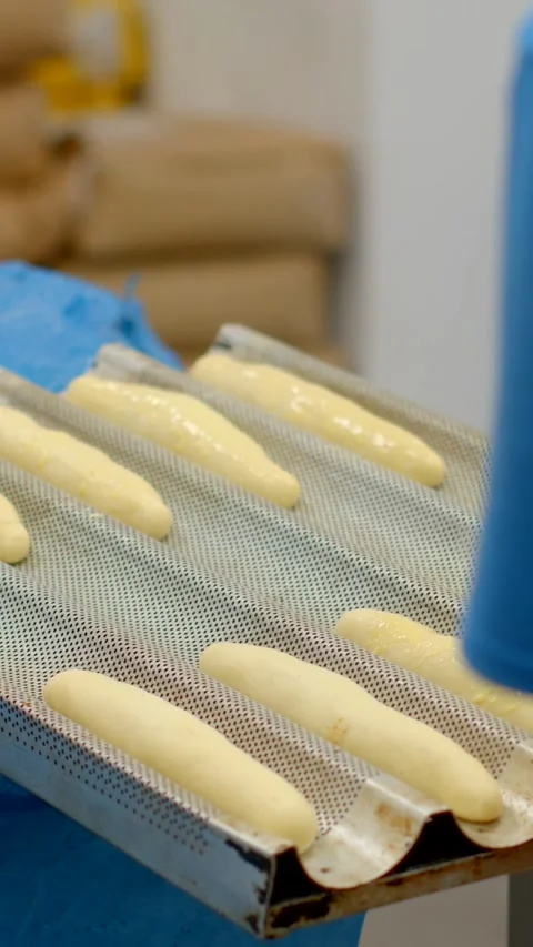 Worker glazing aligned raw dough logs on perforated metal bakery tray closeup Stock Footage 345601255