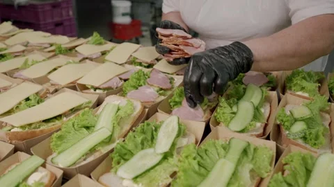 Worker in gloves assembles sandwiches with layers of lettuce, cucumber, cheese Stock Footage 340172780