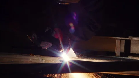 Worker in gloves cutting sheet metal with acetylene or oxygen torch. Stock Footage 120821892
