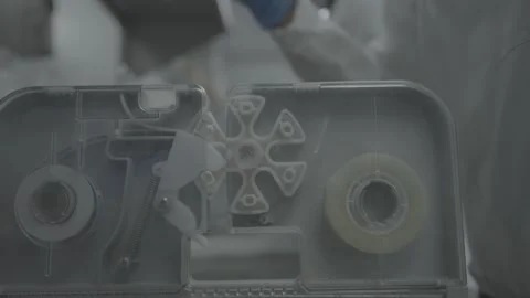 Worker in gloves using automatic labeling or sealing machine Stock-Footage 327353148