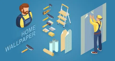 Worker glues wallpaper on the wall. Vector illustration. Stock Illustration