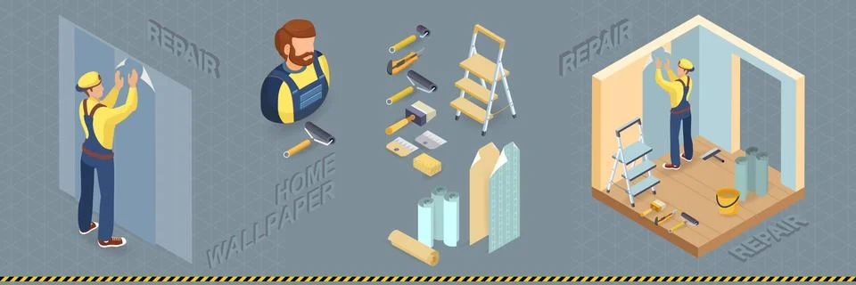 Worker glues wallpaper on the wall. Vector illustration. Stock-Illustration