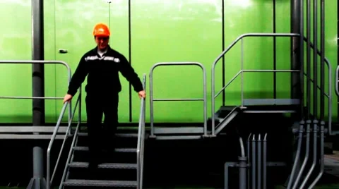Worker Goes By Ladder And Lowered Down Video stock 10790388