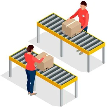 Worker goods packaging with boxes at packing line in factory. Wo Illustrazione stock