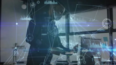 Worker grabbing spray, spraying wiping and inspecting screen for office cleaning Stock Footage 331062481