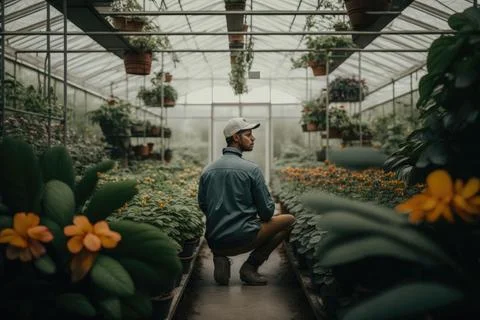 Worker in Green House In Forest Interior Stock Illustration