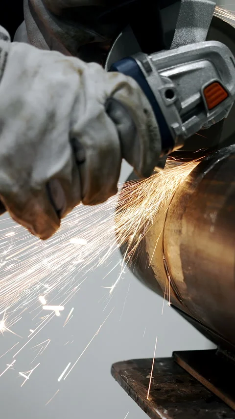 Worker grinding metal pipe with angle grinder producing sparks. Vídeo Stock 347785132