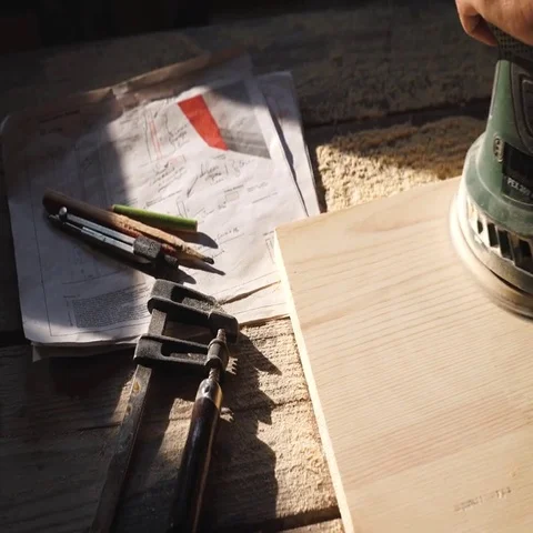 Worker grinds the wood of angular grinding machine Stock Footage 69537921