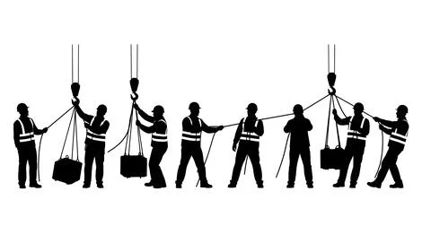 Worker Guiding Crane Load Silhouettes Stock Illustration