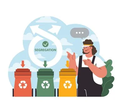 Worker guiding waste segregation. Flat vector illustration Stock Illustration