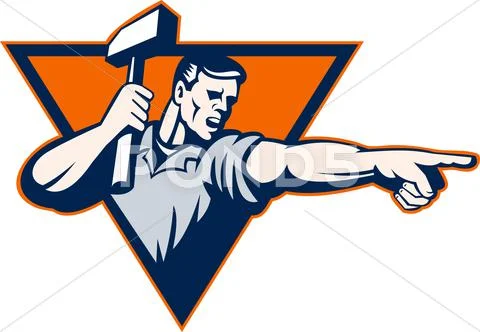 Worker with hammer pointing to side Stock Illustration