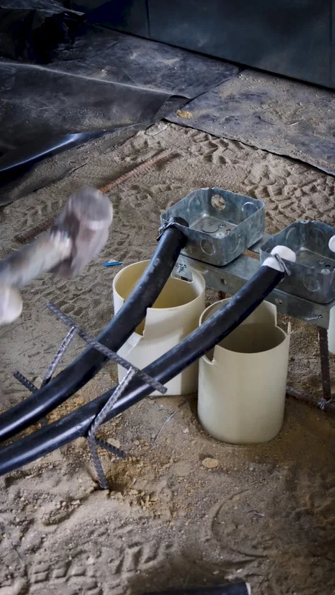 Worker Hammering Ground Rods To Secure Electrical Conduits Stock Footage 346799274