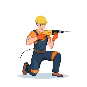Worker with hand drill. Builder job. Construction man use electric tool Illustrazione stock