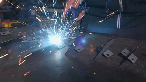 Worker hand welding together small metallic parts - close up Видео 157968183