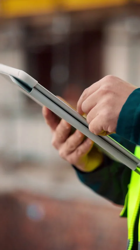 Worker, hands and scroll on construction site with tablet, review engineering Stock Footage 336202365
