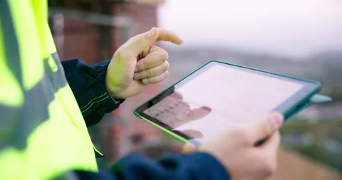 Worker, hands and scroll on construction site with tablet screen, quantity Vídeos de archivo 337026364