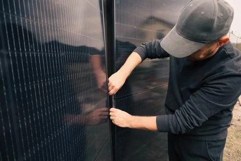 Worker hands connecting MC4 solar connectors on a photovoltaic panel backgr.. Stock Photos