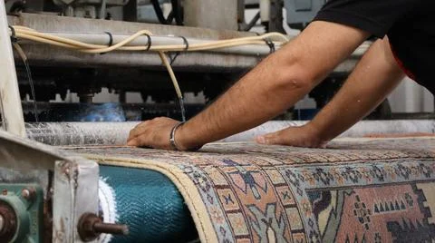 Worker hands guiding patterned rug through industrial cleaning rollers inside Stock Photos