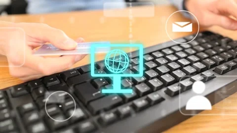 Worker hands holding card and typing, starting finance HUD with globe, icons and Stock Footage 333104519
