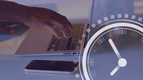 Worker hands starting typing on laptop for work, clock overlay rotating tracking Stock Footage 334465863