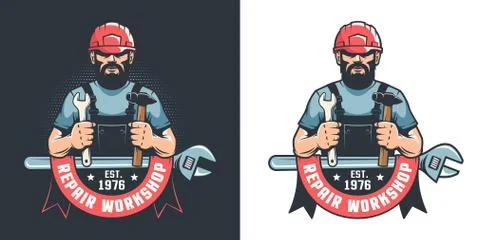Worker in hard hat with hammer and wrench - Mechanical Workshop vintage logo Stock Illustration