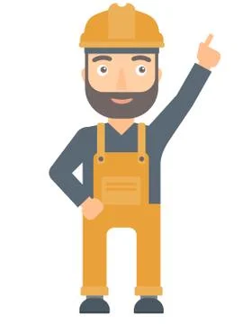 Worker in hard hat pointing up with finger Illustrazione stock