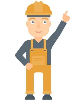 Worker in hard hat pointing up with finger Illustrazione stock