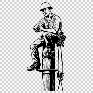 Worker In Hard Hat Sitting Silhouette pole tools black white Stock-Illustration