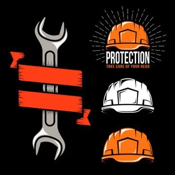 Worker hardhat and logo with spanner on black background Illustrazione stock