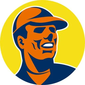 Worker with hat cap looking up retro Stock Illustration