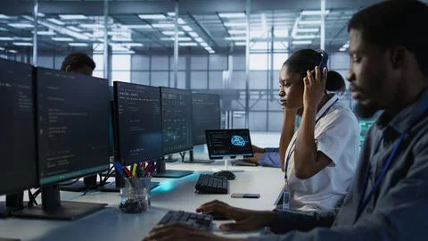 Worker helping colleague in data center monitoring performance Stock Photos