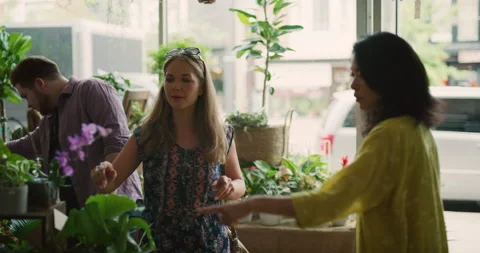 Worker helps young couple choose the perfect plant for their new home in interio Stock Footage 199457672