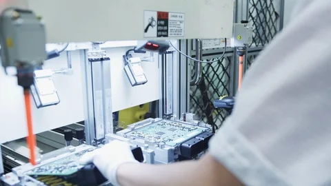 Worker in High Tech Production Plant - Computerized Chip Manufacturing Stock Footage 89581530