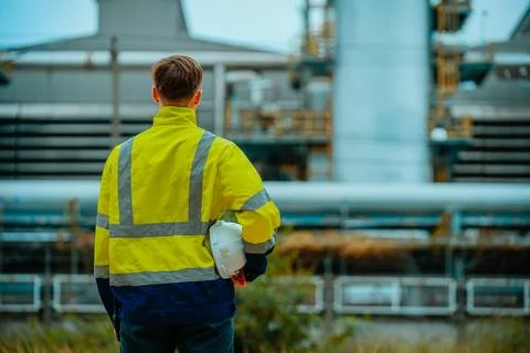 Worker in high visibility jacket observes industrial facility during overca.. Stock Photos