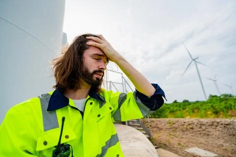 Worker in high visibility jacket shows concern at wind farm site during sun.. Stock Photos