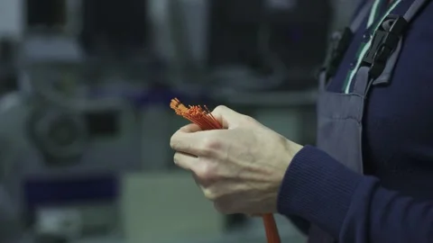 Worker holding a bundle of electrical wires with metal terminals Stock Footage 321896528