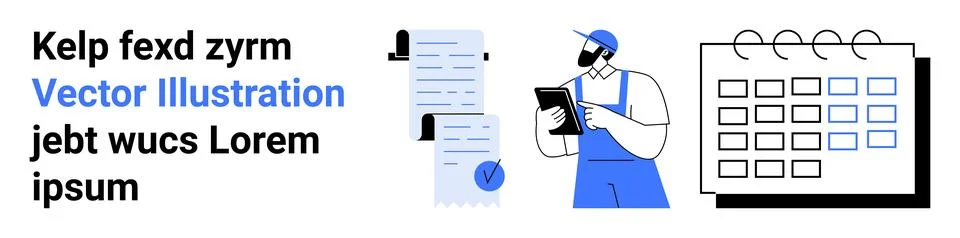 Worker holding clipboard, inspecting documents with stamp, and calendar with  Stock Illustration
