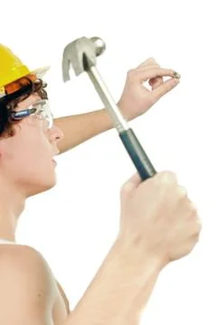 Worker holding hammer Stock Photos