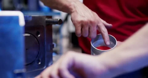 Worker Holding Transparent Plastic Ring beside Blue Tooling, Workshop, Close Up Stock Footage 340651667