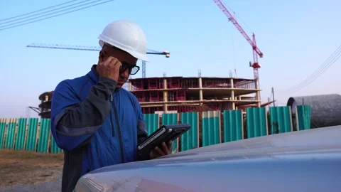 Worker at industrial plant typing on a tablet  Видео 147605880