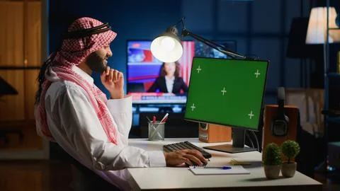 Worker inputs data on mockup computer Foto stock